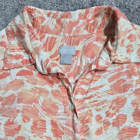 Chico's 100% Modal Coral Orange Pink Sandwashed Satin Animal Print Shirt - Picture 5 of 10